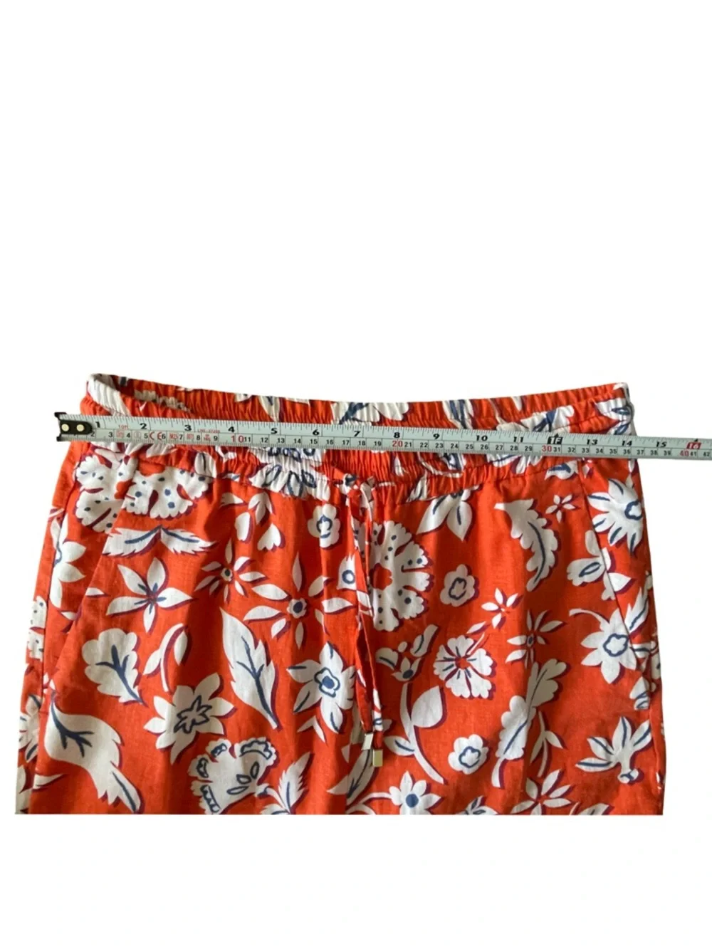 Zara Linen Blend Floral Drawstring Pants Wide Leg Orange White Size Small